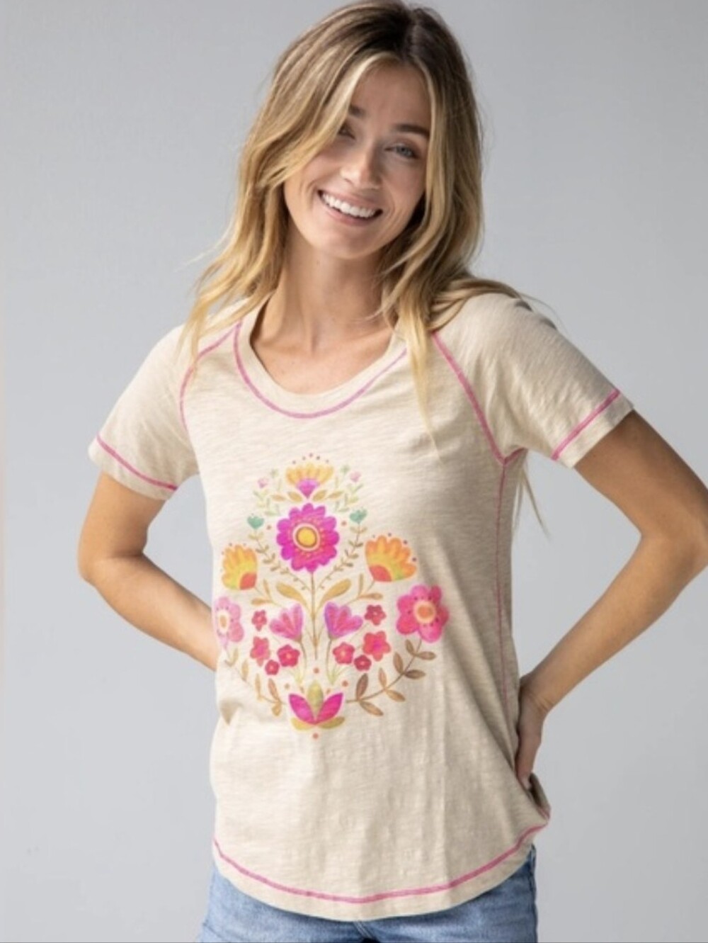 Natural Life Cotton Tee T-Shirt  Cream Folk Flower Boho Casual Floral Sz Small